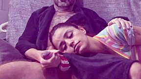 I watched TV with my half-sister on my knees then risked a handjob leading to creampie.