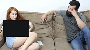 Teen redhead slut with hairy pussy takes deepthroat and anal from chubby guy