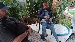 shy stepsister loses her virginity to stepbrother in the bedroom while his friend masturbates outside in the garden