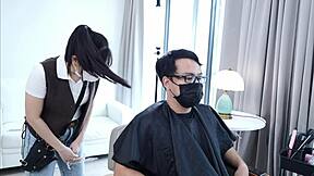 big ass barber girl horny with her customer licking ass and pussy in doggystyle