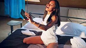 cute brunette sima teases with erotic fingering and solo masturbation in petite display