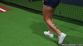 hey, check out this horny brunette teen sucking and fucking that huge dick at baseball practice