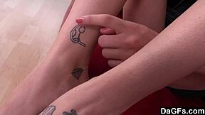 Dagfs - Cute Brunette with Glasses Fingers Shaved Pussy in Sofa Audition