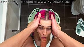 She gets stuck in washing machine for big cock blowjob doggystyle pov in bathroom couple action.