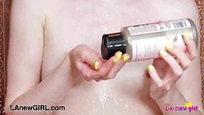 this pretty teen blonde just took a shower, all fresh and petite on the sofa