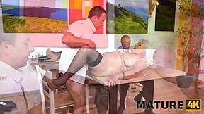 i can't resist this kinky granny in stockings seducing young waiter for desk blowjob while old man watches