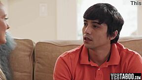 why's this big boobs milf stepmom using blowjob to motivate her horny teen stepson for a job?