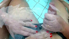 Me and my friend seduce this curvy mature with a monster cock for a hot ffm threesome by the pool