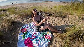 At public beach I suck his dick deepthroat and swallow cum as curvy brunette babe!