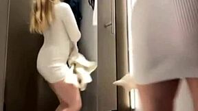 Hey public fucking in the fitting room turns into hardcore orgasm with cumshot on big tits for teen 18+ in changing room
