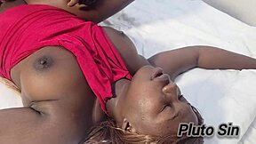 ebony big ass babe bent over for doggystyle quickie. her skinny body rides huge cock in bedroom.