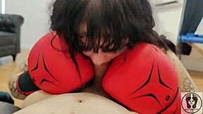 Deedee Love works out in fishnets and gloves, then drops to her knees for blowjob on big cock.