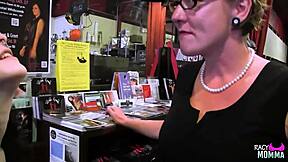 Stockinged busty stepmom fingers her pussy in heels before using toy.