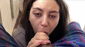 She caught me jerking on the balcony so this cute brunette babe deepthroated my cock and swallowed my cum