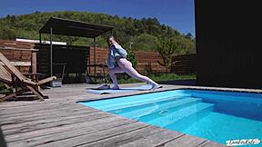 Neighbor SPIES on my morning yoga by the pool and joins for quickie doggystyle creampie.