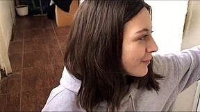 She caught me jerking on the balcony so this cute brunette babe deepthroated my cock and swallowed my cum