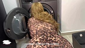 Chubby blonde rides young 18+ guy in laundry room sex 😏