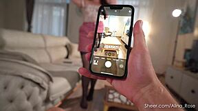 Aunt Alina with big tits caught her nephew jerking off on her photos.