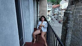 My curvy stepsister flashed her big natural tits and hairy pussy on the balcony. She masturbated risky in public while voyeurs watched her naked body outdoors.