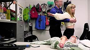 Security officer confronts hottie thief who stole dildo from office. He pulls out big cock for punishment.