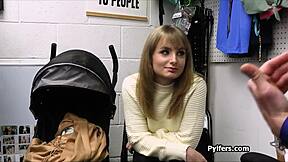 Security officer confronts hottie thief who stole dildo from office. He pulls out big cock for punishment.