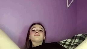 Hey, this young amateur teen 18+ pulls panties aside to rub her puffy pussy gently