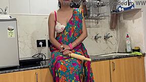 Indian step mother in kitchen roleplay with dirty talk in hindi gets horny for not son!