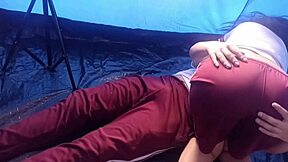 Latina teen girlfriend ripped clothes for outdoor cowgirl and doggystyle fucking in tent