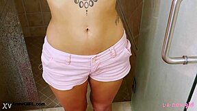 brunette bombshell stepped into the shower for a relaxing wash after her casting interview