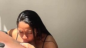 Brunette babe licks balls and sucks neighbor big cock with passion