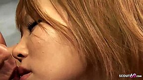 Petite japanese teen 18+ with hairy pussy seduces old guy into uncensored creampie fuck during casting interview.