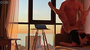 she encountered the vibrant sunset while energetically bouncing on his thick cock outdoors