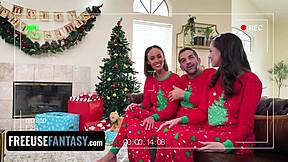 Stepdaughter and wife surprise stepdaddy with x-ray glasses for Christmas, leading to threesome where he licks pussy and gets deepthroat action.