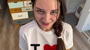 seducing step sis in i love doggystyle t-shirt for missionary creampie inside her tight pussy