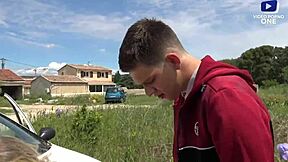 hey, check this french blonde in lingerie getting wild in a field