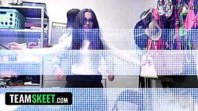 In a tense shoplifting incident, the cute Mormon girl with glasses faces consequences. The officer gives her rough doggystyle and facial.