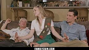 Stepdaughter expertly handles daddy and stepbrothers' cocks in family scene