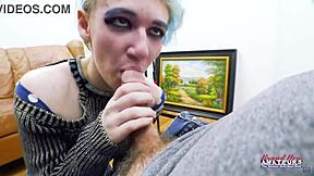 Petite blue haired raven finger fucks her twat and sucks a juicy big cock!