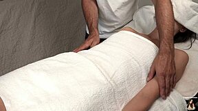 Can you believe this pervert masseur fucks his horny patient in missionary with juicy moans and creampie