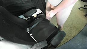 ginger teen masturbates close up in bedroom solo session. he explodes huge cum load on chair.