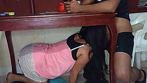 the latina teen 18+ hides under the table giving a homemade blowjob to her lover