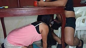 the latina teen 18+ hides under the table giving a homemade blowjob to her lover