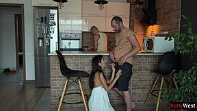 Wife cheats on husband behind his back. She sucks his best friend's dick over the desk.