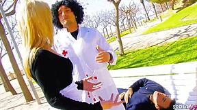 In this german carnival story, angelica joins a threesome with european teens 18+ in leggings and panties for rough group sex and facial.