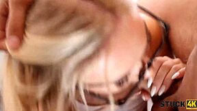 Blonde babe in glasses gets hardcore fucking help after stuck kitchen incident with sensual blowjob