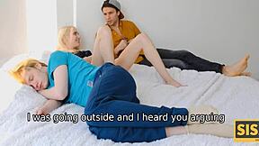i satisfy my blond stepsis by licking her shaved pussy behind bf... oops, he's on bed