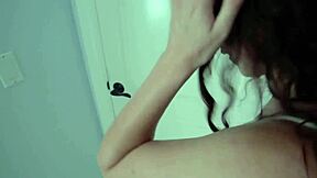 stepsis rides stepbro's big cock in pov while stepdad talks through the door