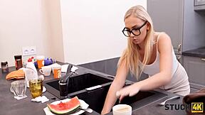 Blonde babe in glasses gets hardcore fucking help after stuck kitchen incident with sensual blowjob