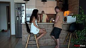 Wife cheats on husband behind his back. She sucks his best friend's dick over the desk.