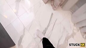 Blonde babe in glasses gets hardcore fucking help after stuck kitchen incident with sensual blowjob